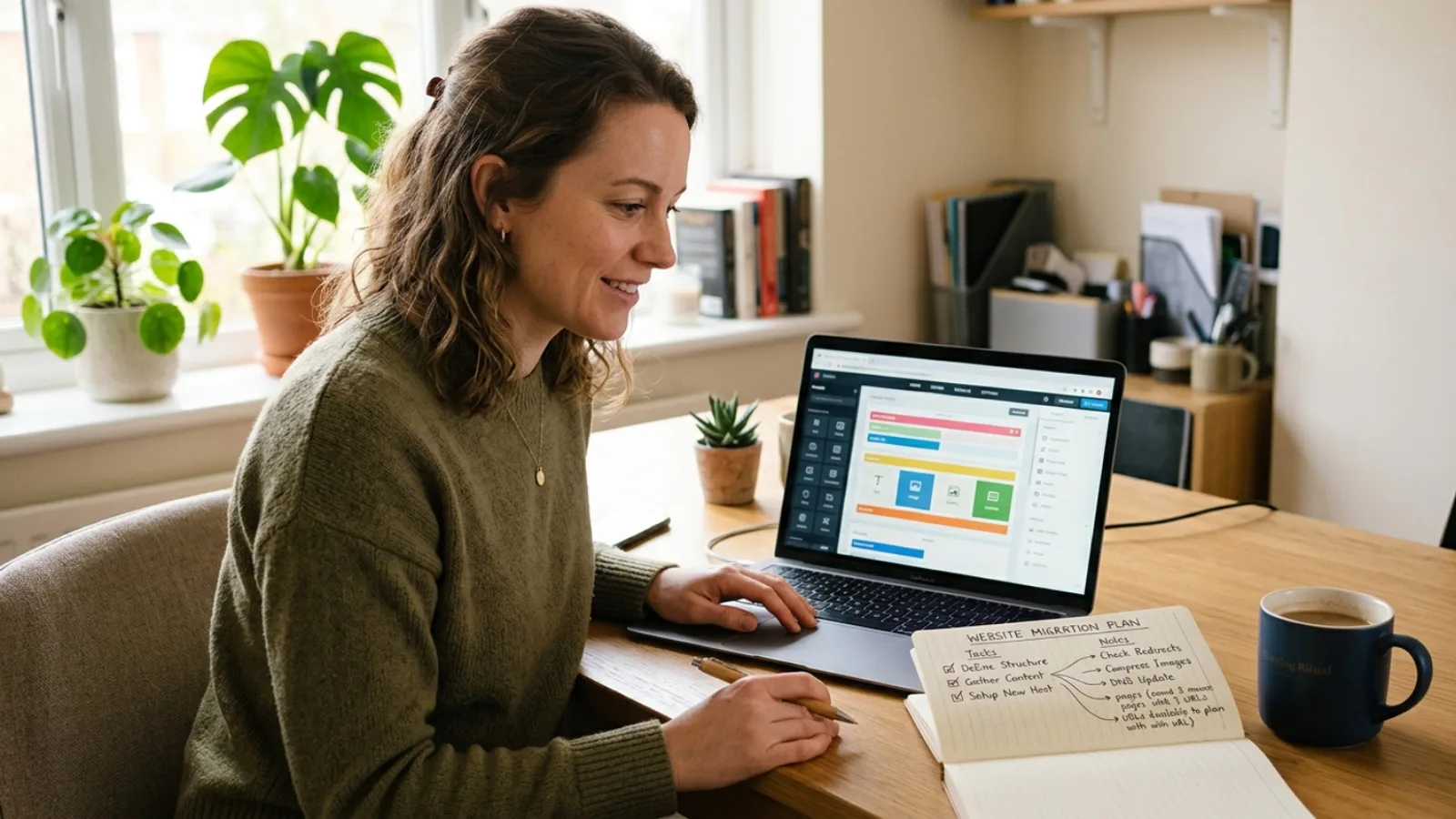 Small business owner planning a website migration at a desk with a laptop showing her current Wix site and notes for the new WordPress build
