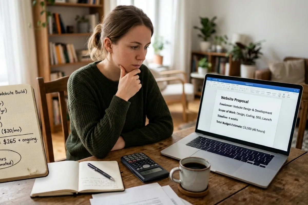 Person weighing a do-it-yourself website migration against hiring a developer, with a notebook of costs beside a laptop