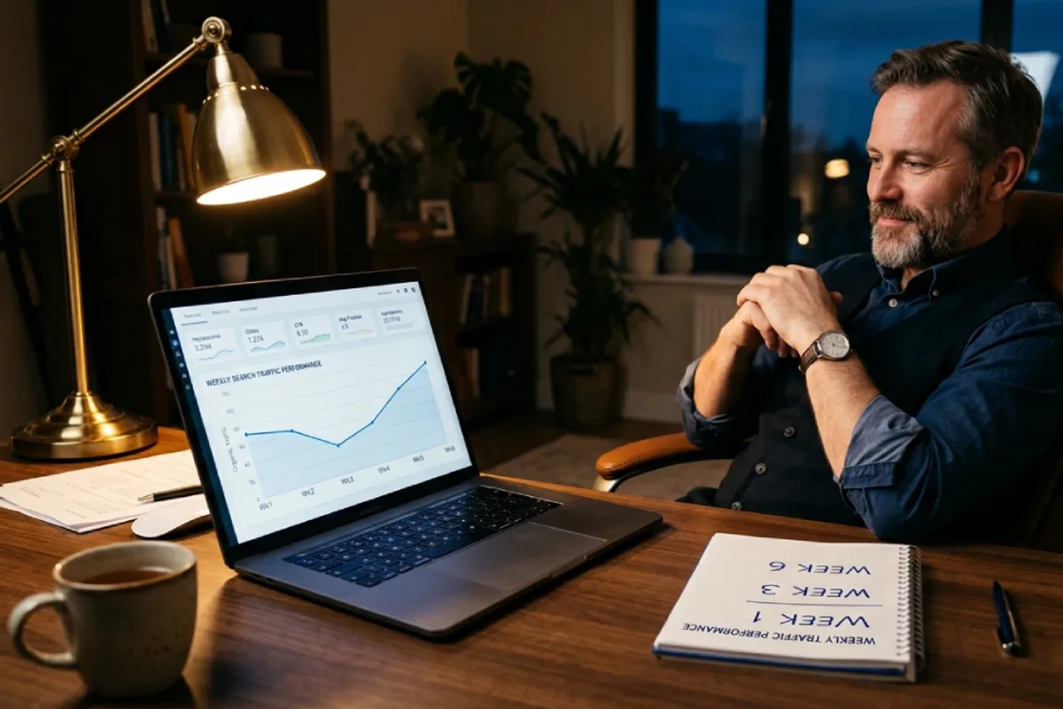 Business owner reviewing Google Search Console performance graph on a laptop a few weeks after a website migration