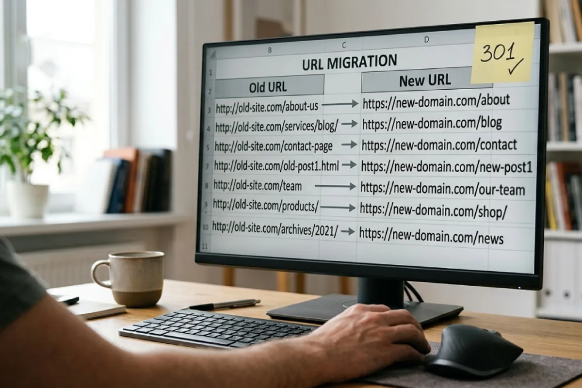 Two-column URL mapping spreadsheet on a monitor, mapping old Wix URLs to new WordPress URLs with arrows