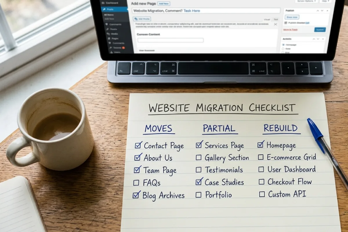 Checklist on a desk next to a laptop, sorting website elements into transfer, partial transfer, and rebuild columns