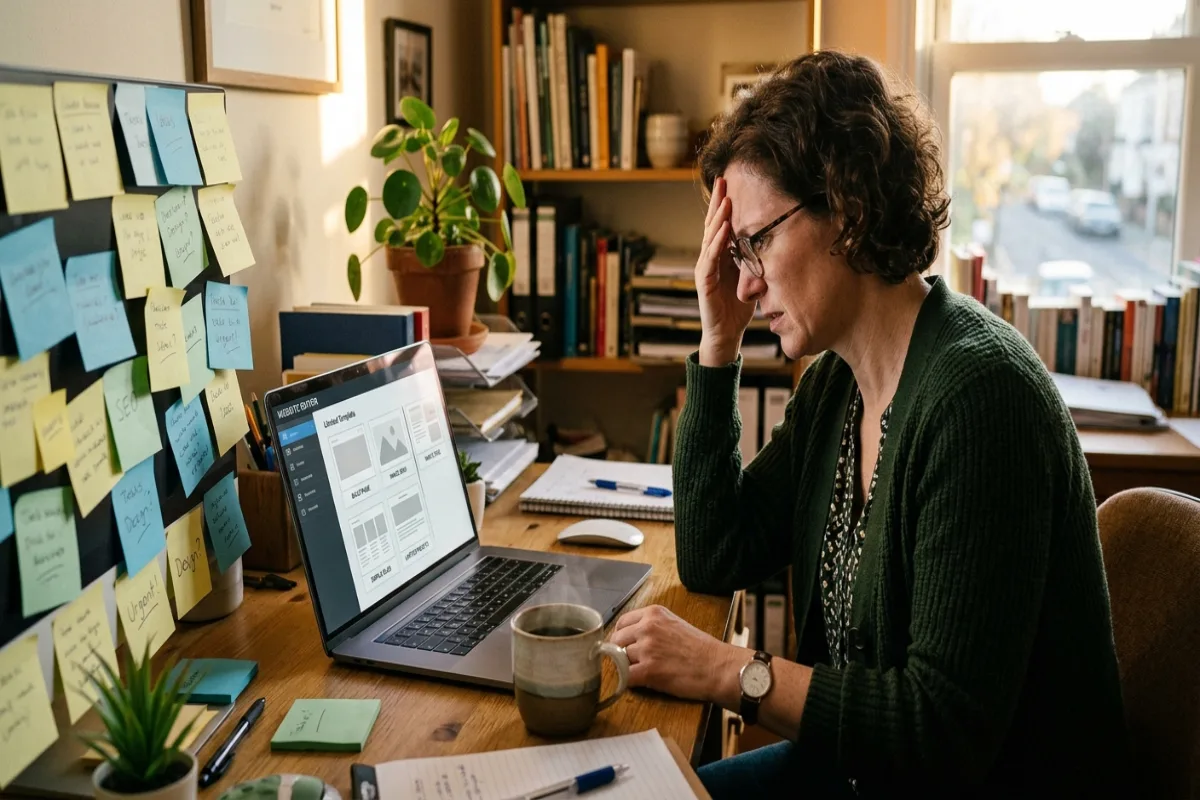 Business owner looking frustrated at a laptop while reviewing website limitations, sticky notes on the desk
