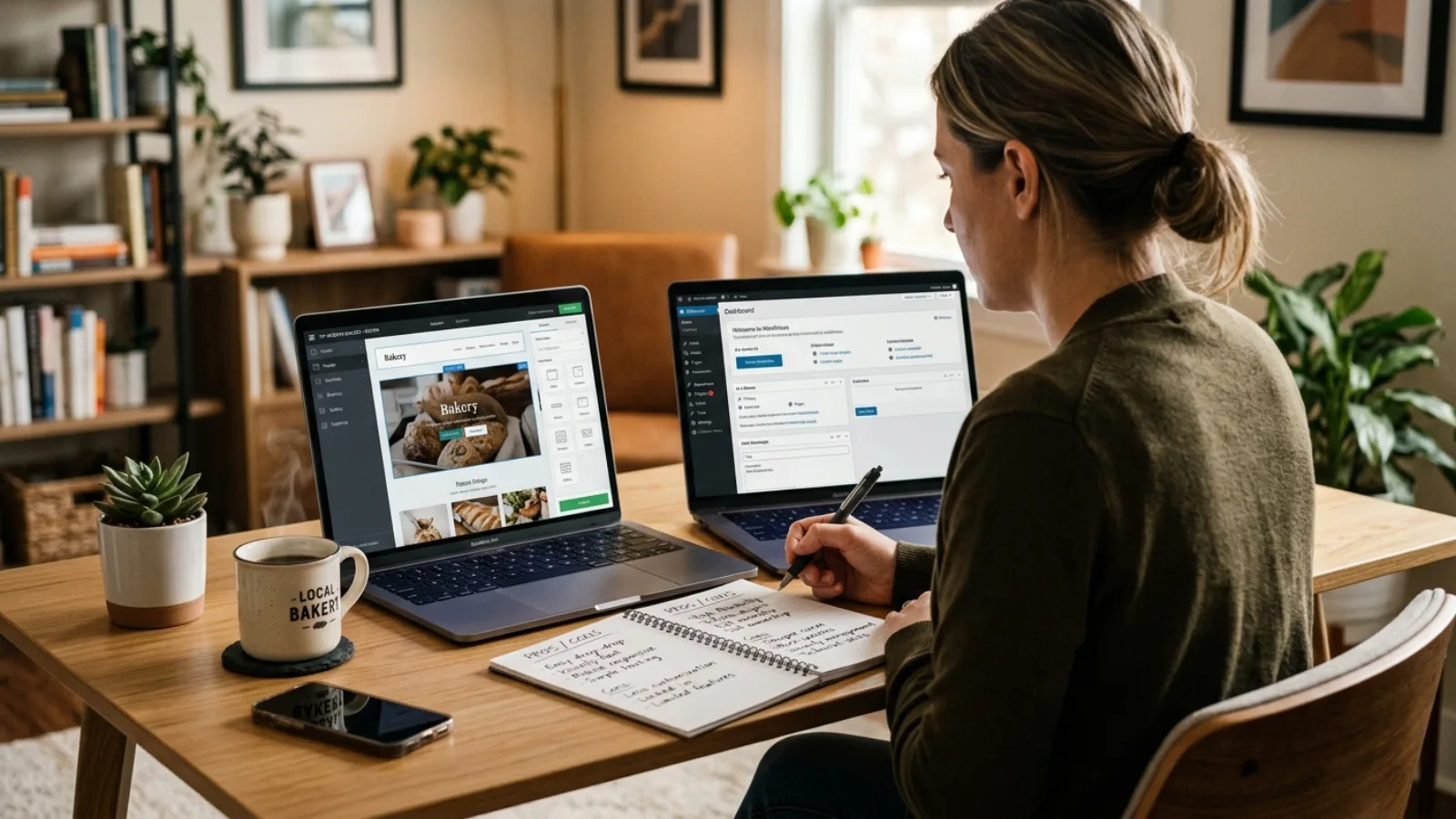 Small business owner comparing Wix and WordPress website editors on two screens at a desk