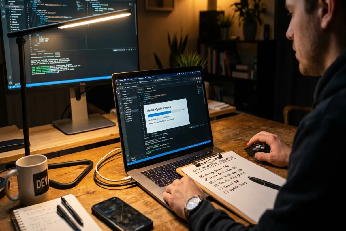 Developer working on a website migration with moving boxes graphic on screen, checklist beside keyboard