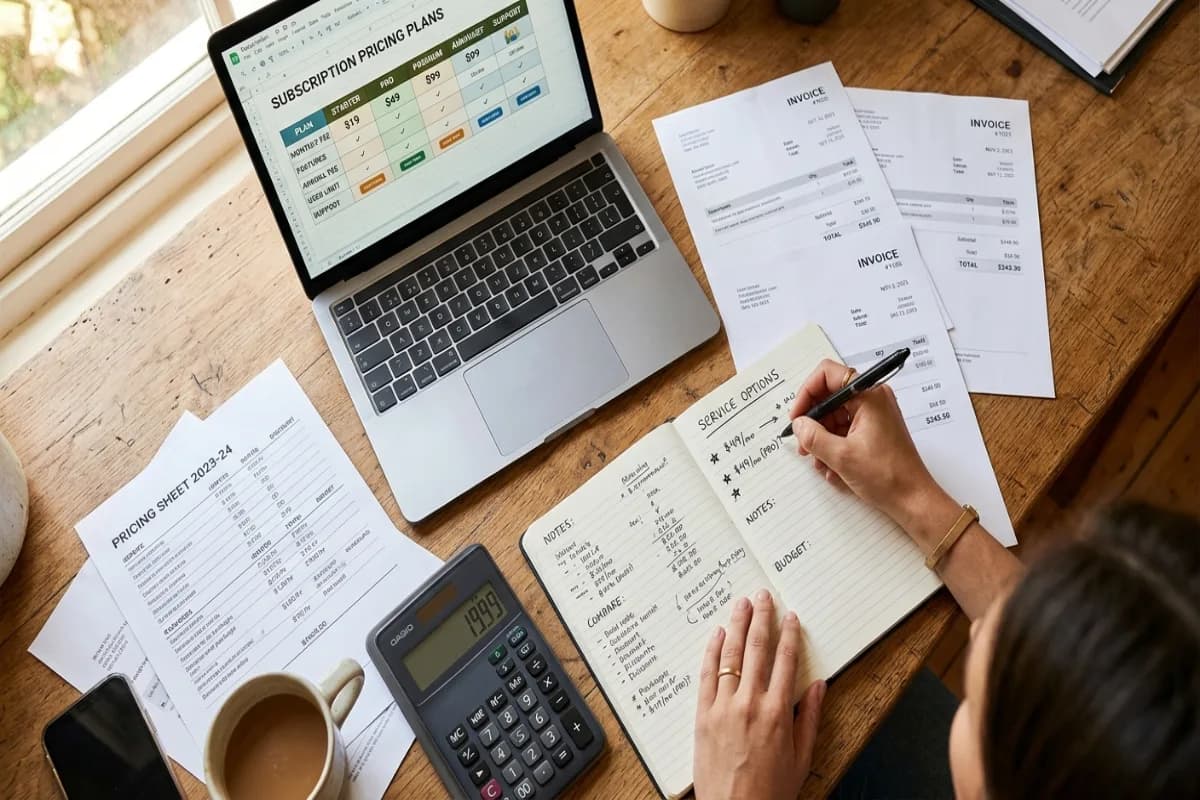 Calculator, invoices and a laptop showing website platform pricing plans on a wooden desk