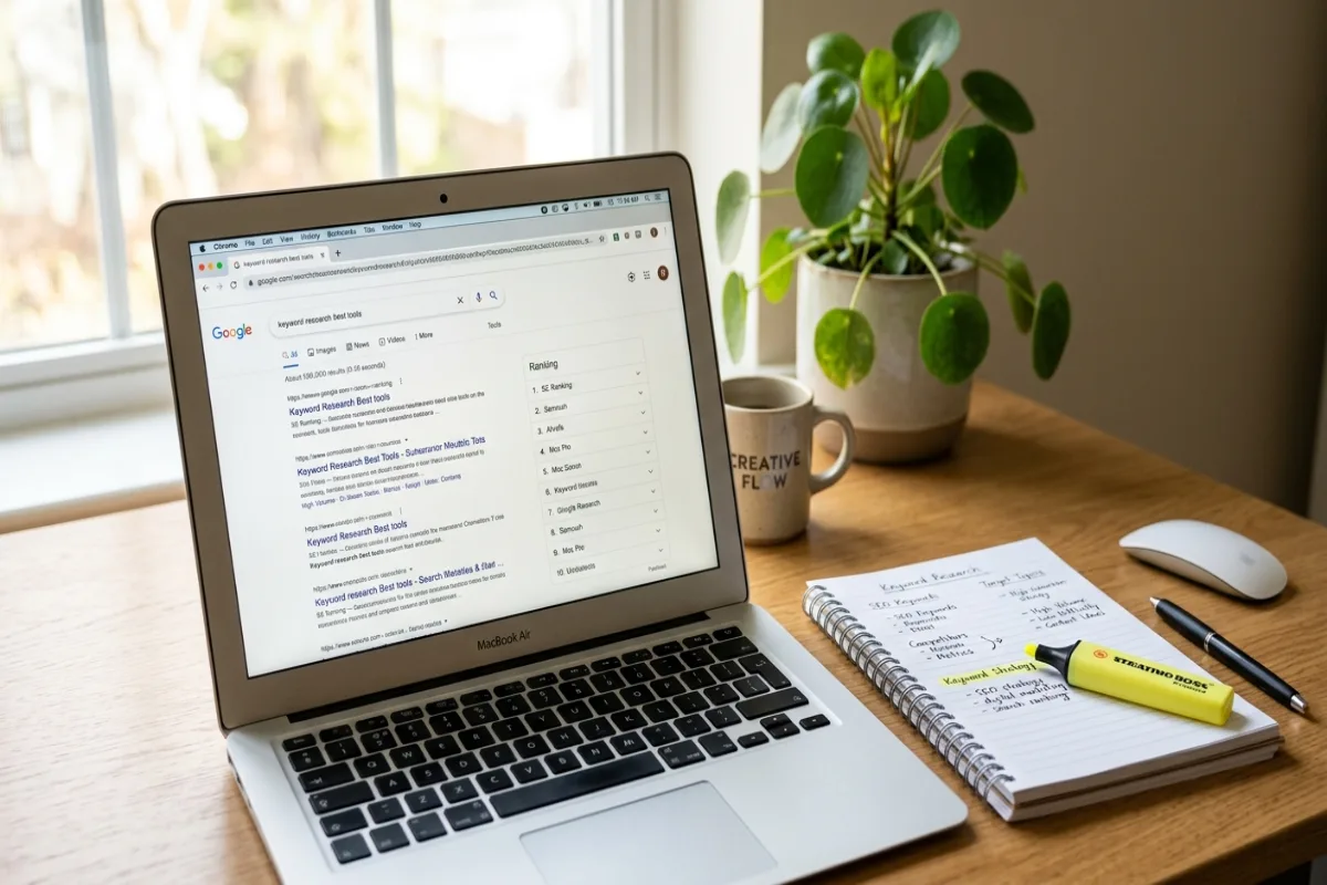 Laptop showing a search results page with ranking positions highlighted, notebook with keyword notes beside it
