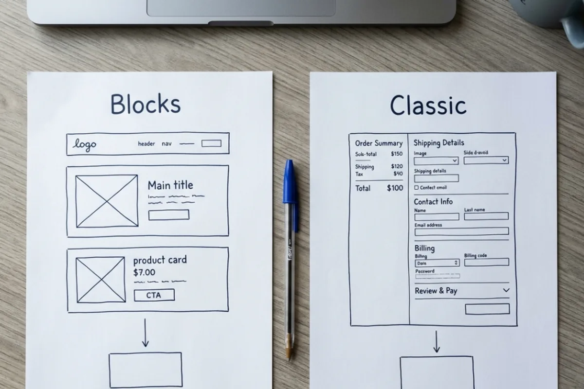 Illustrative top-down view of two paper wireframes labelled Blocks and Classic, each with an arrow leading to its own payment component box