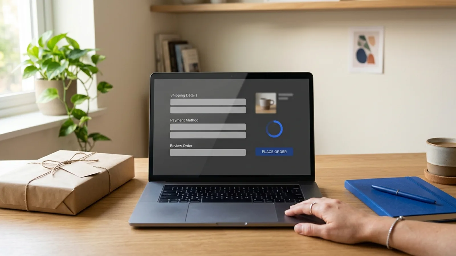Illustrative laptop on a wooden desk showing a generic checkout form with a loading ring, beside a wrapped parcel and a blue notebook
