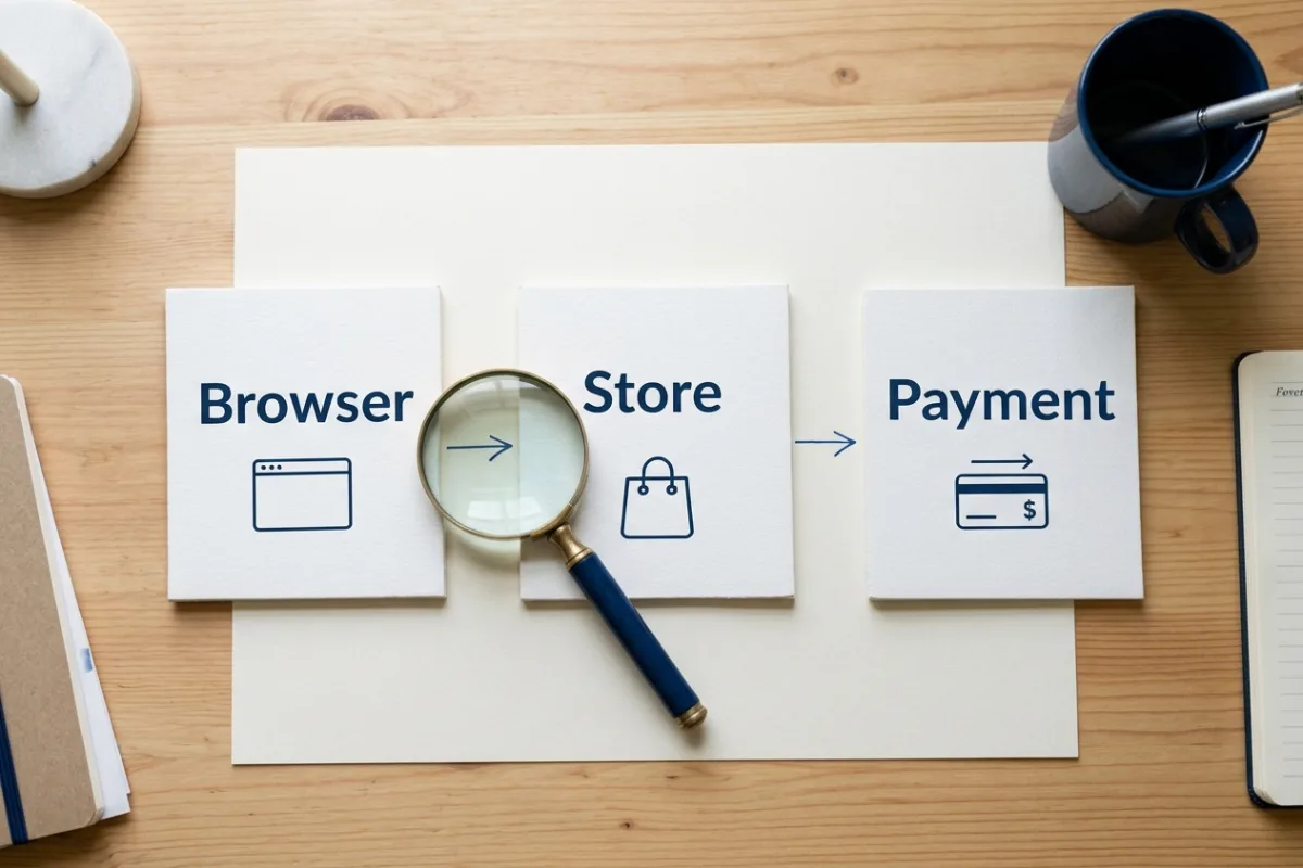 Illustrative desk scene with three paper cards labelled Browser, Store and Payment joined by arrows and a magnifying glass over the first connection