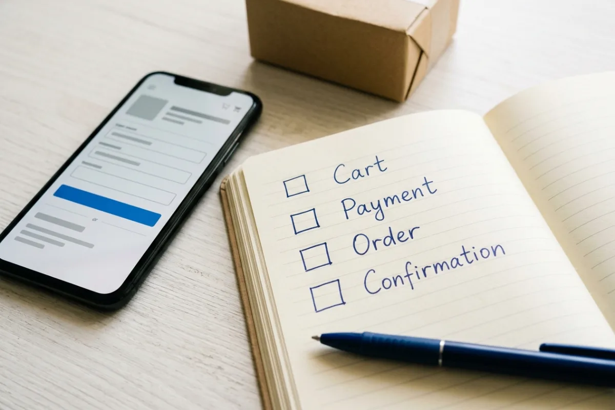 Illustrative notebook listing Cart, Payment, Order and Confirmation with empty checkboxes beside a phone showing a generic store form