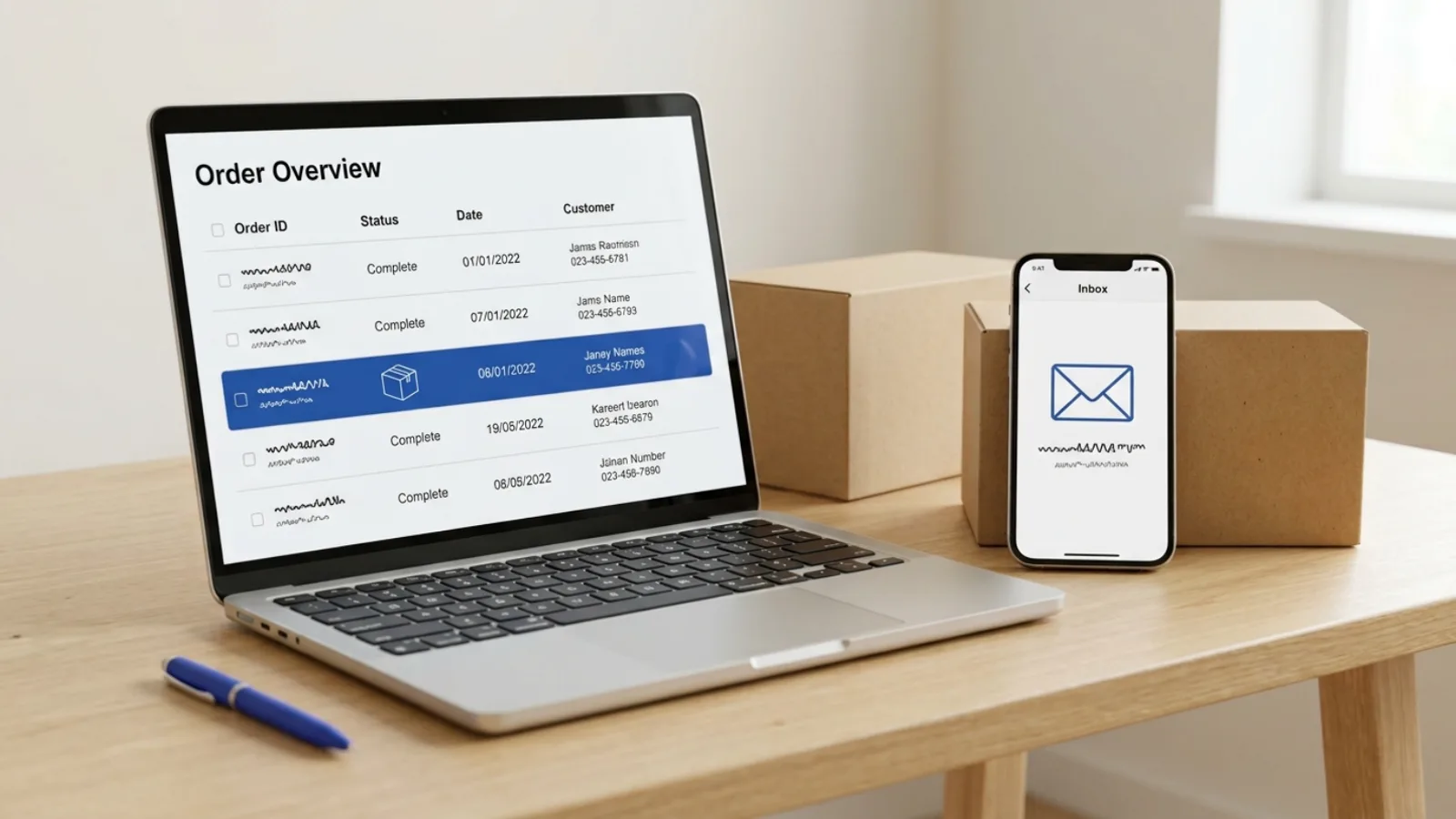 Illustrative online-store desk with a laptop showing a fictional order list beside a phone showing an empty inbox icon, with plain shipping boxes behind