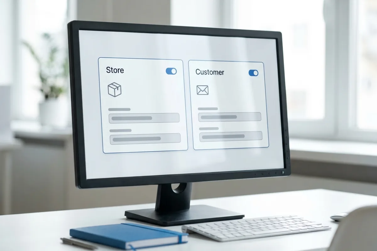 Illustrative monitor with separate Store and Customer notification cards and enabled toggles in a fictional settings interface