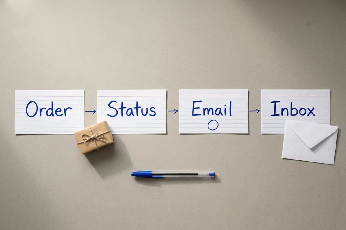 Illustrative four-card diagram on a desk linking Order, Status, Email and Inbox to show the stages of an order notification