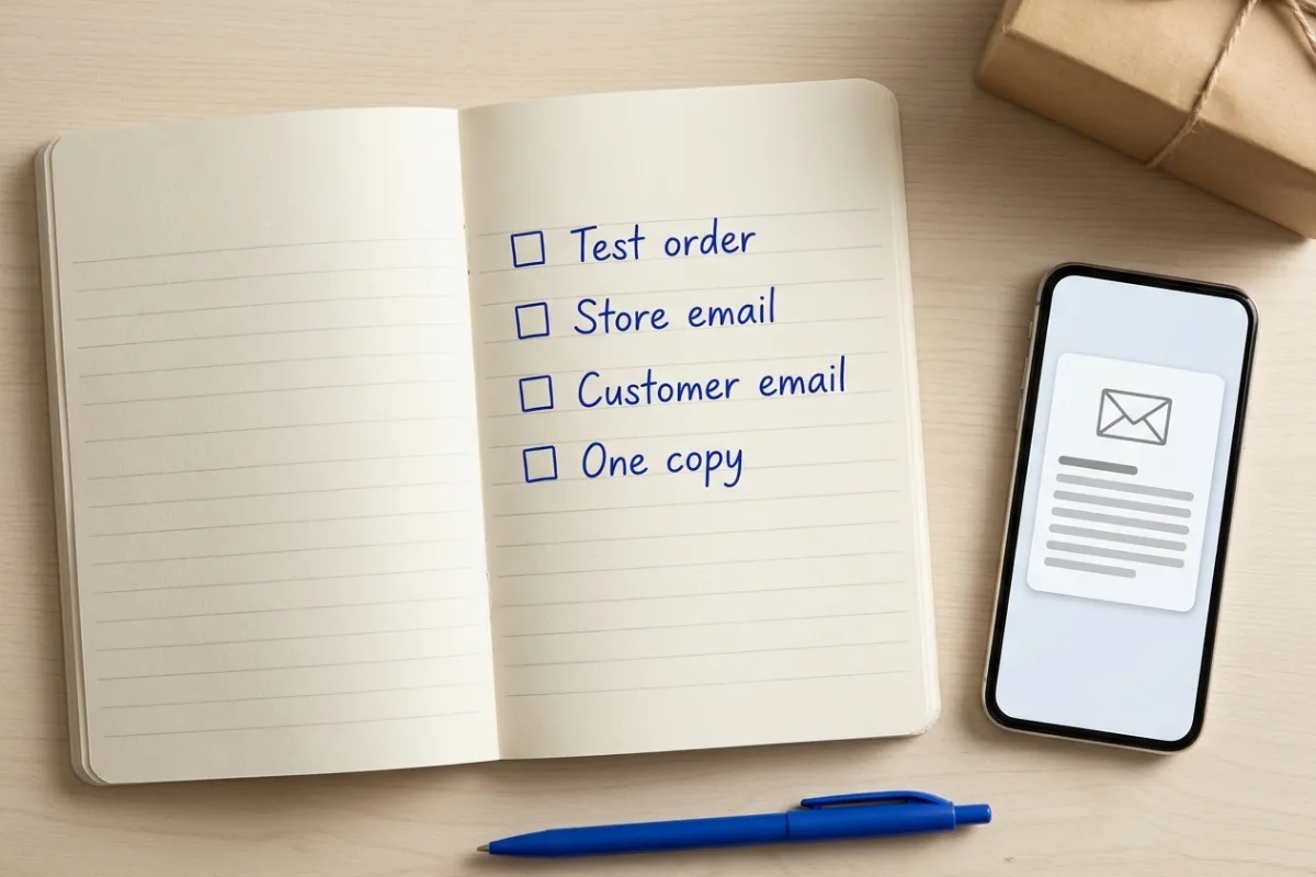 Illustrative notebook with empty checkboxes for a test order, store email, customer email and one copy beside a phone