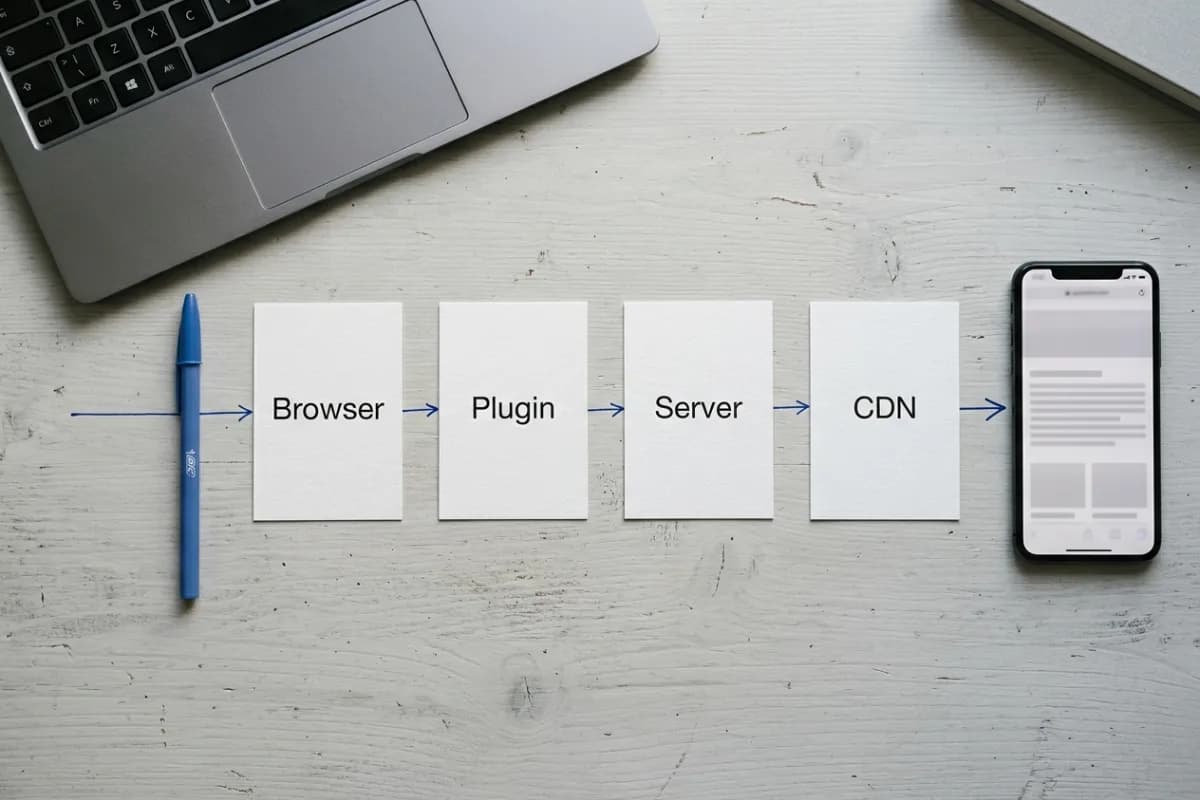 Illustrative diagram of a web page passing through browser, plugin, server and CDN cache layers before reaching a visitor