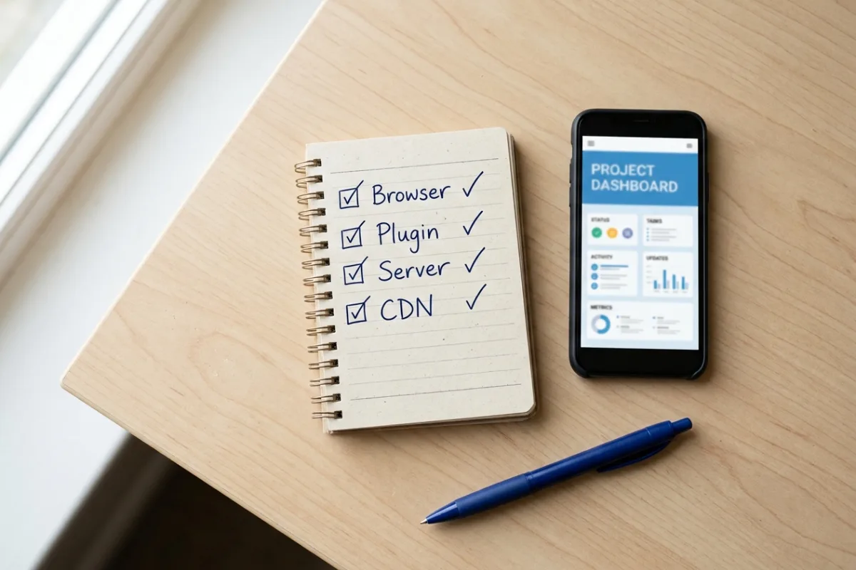 Illustrative checklist on a desk listing browser, plugin, server and CDN checks beside a phone showing an updated page