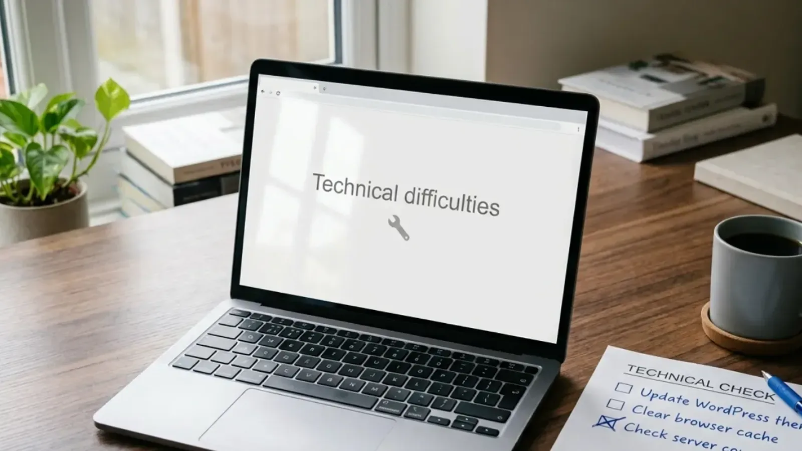 Illustrative laptop showing a website error notice beside a printed recovery checklist