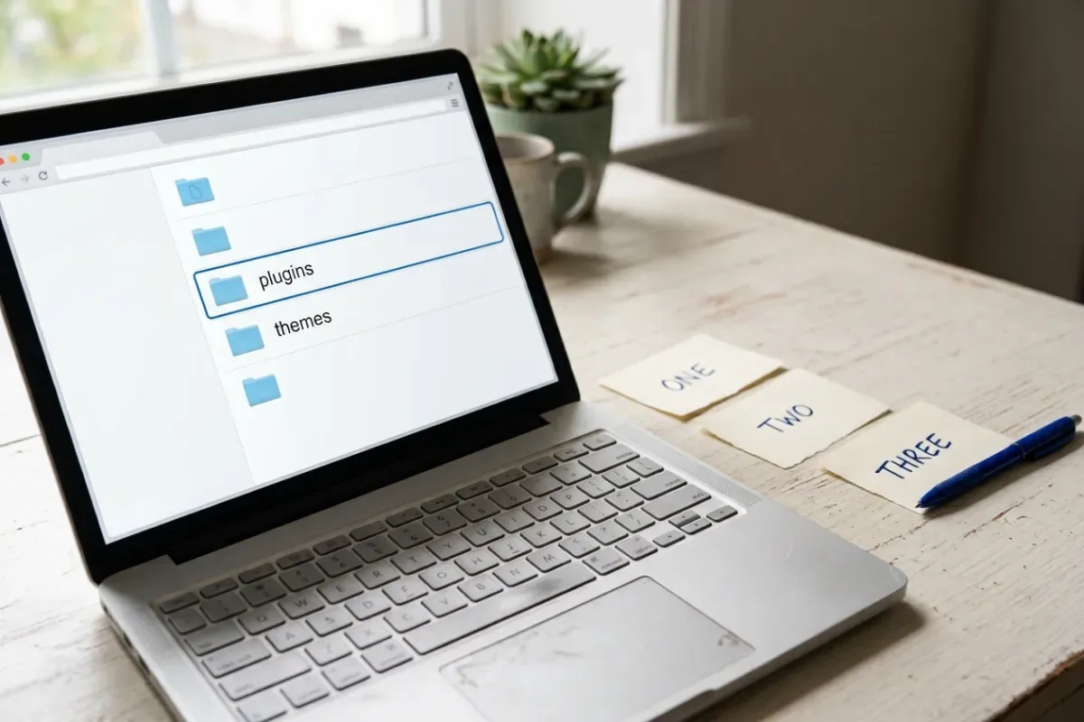 Illustrative file manager view with a plugins folder highlighted next to a laptop