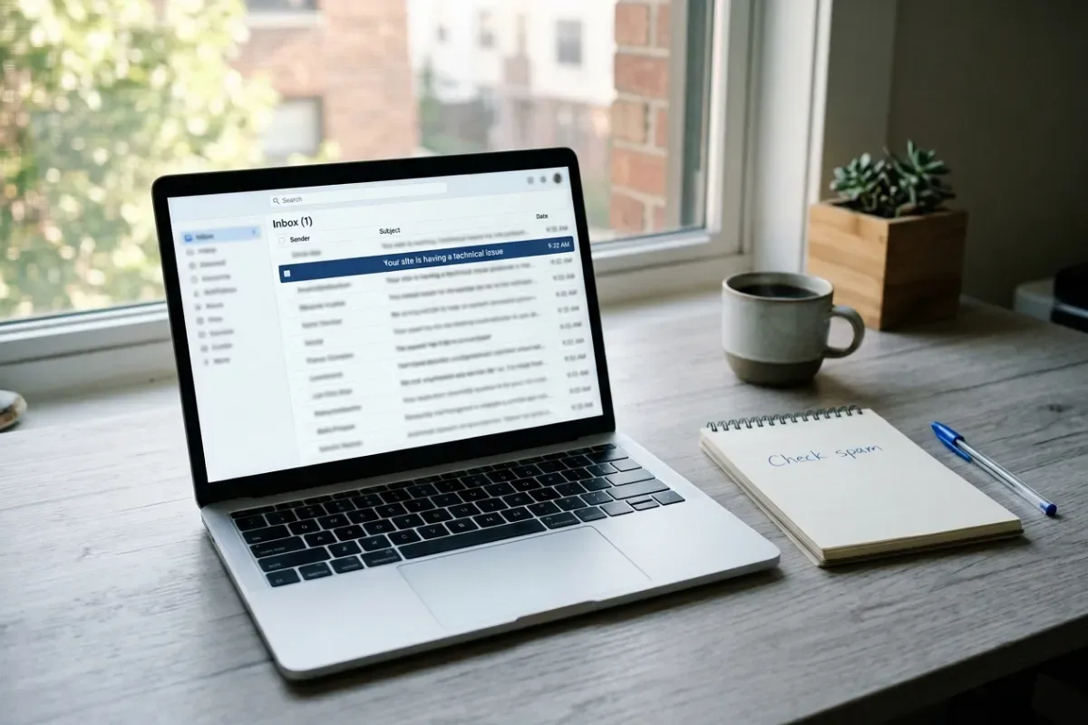 Illustrative laptop inbox showing a website recovery notification beside a notepad