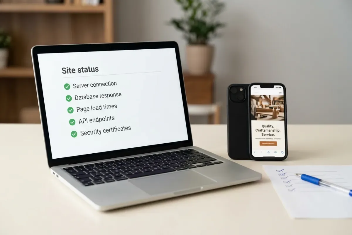 Illustrative dashboard status panel with a green check list beside a phone showing a working website