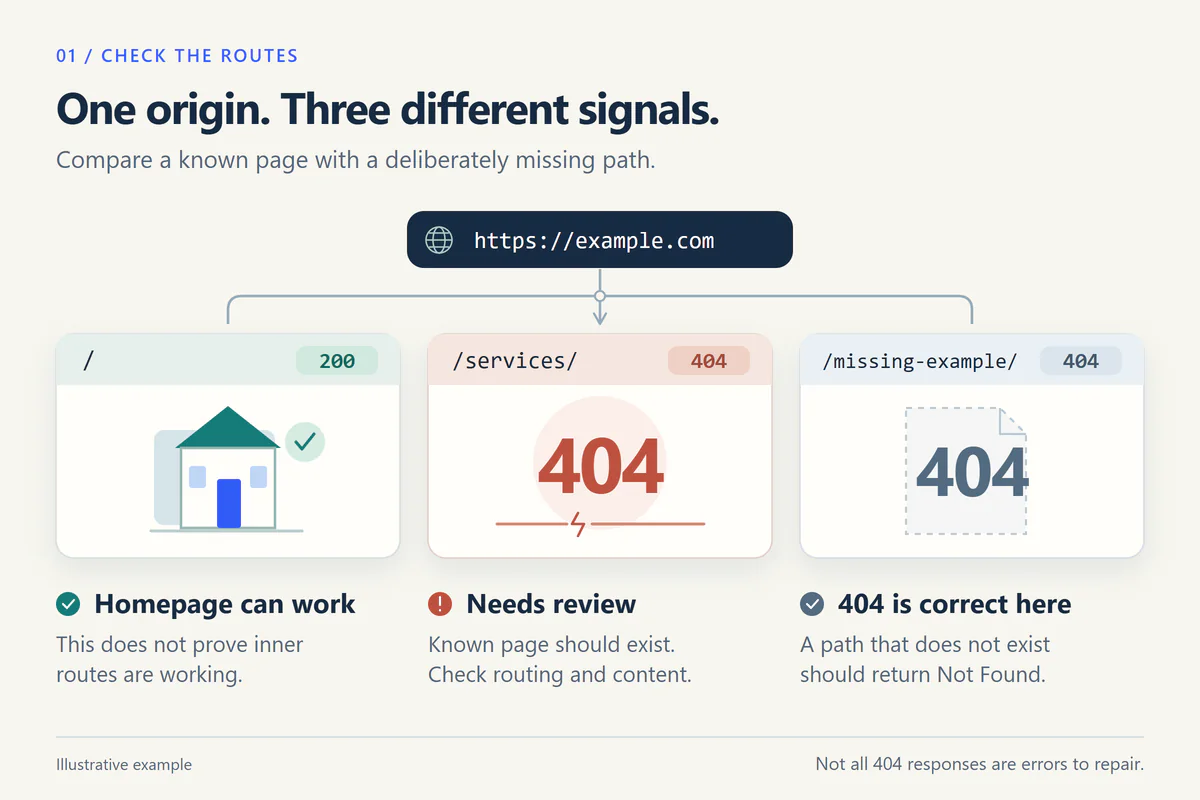 Three example paths on https://example.com: / returns 200; the expected /services/ page returns 404 and needs review; nonexistent /missing-example/ correctly returns 404.