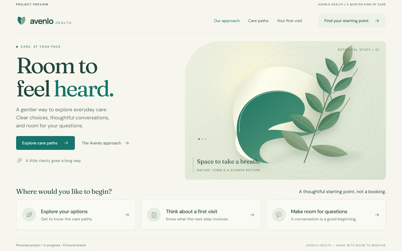 Avenlo Health current interface preview. Personal project in progress with illustrative content.