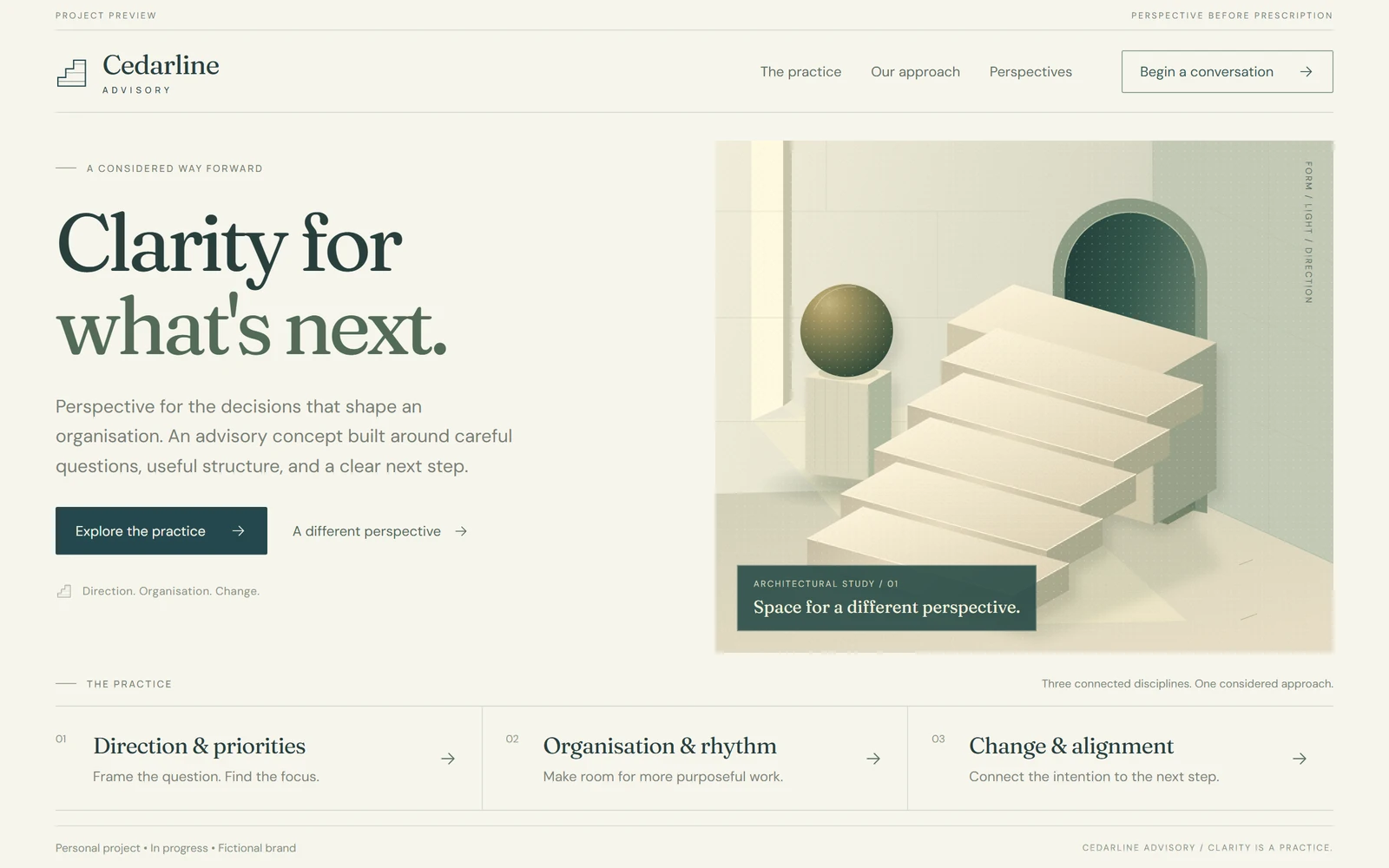 Cedarline Advisory current interface preview. Personal project in progress with illustrative content.