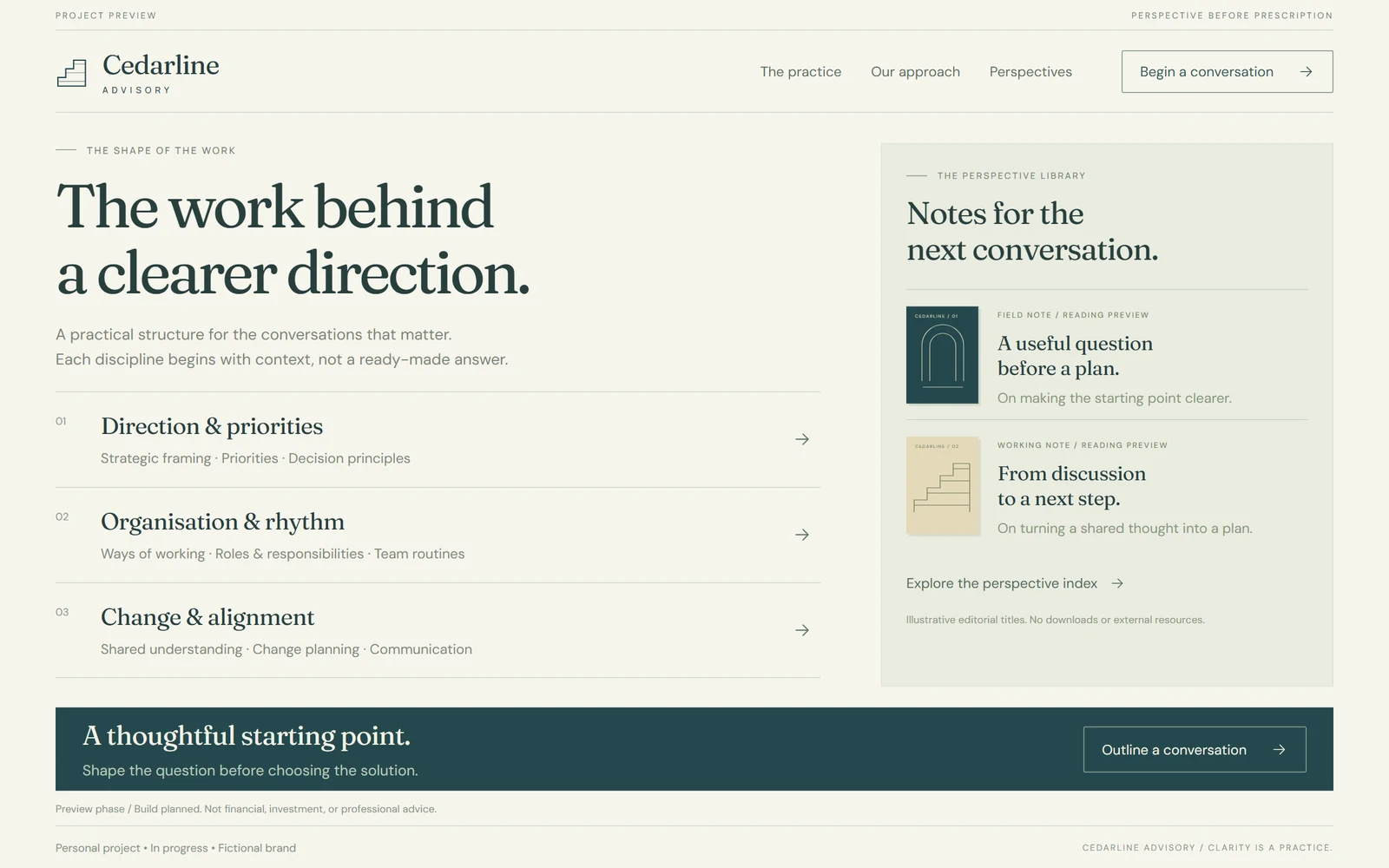 Cedarline Advisory: Services and insights. Personal project in progress; interface preview with illustrative data.