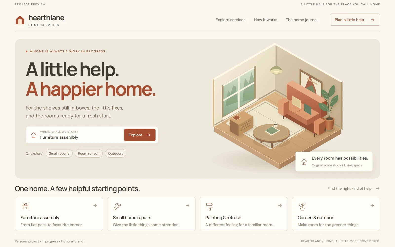 Hearthlane Services current interface preview. Personal project in progress with illustrative content.