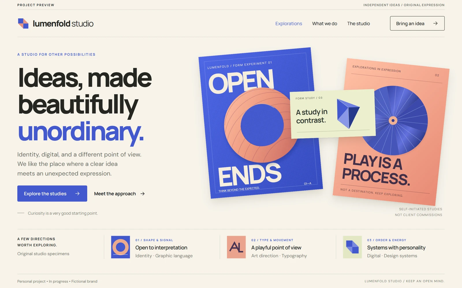 Lumenfold Studio current interface preview. Personal project in progress with illustrative content.