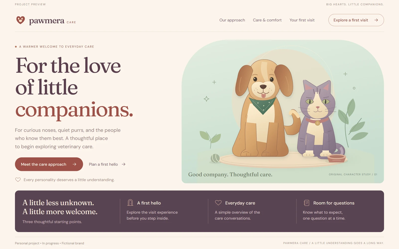 Pawmera Care current interface preview. Personal project in progress with illustrative content.