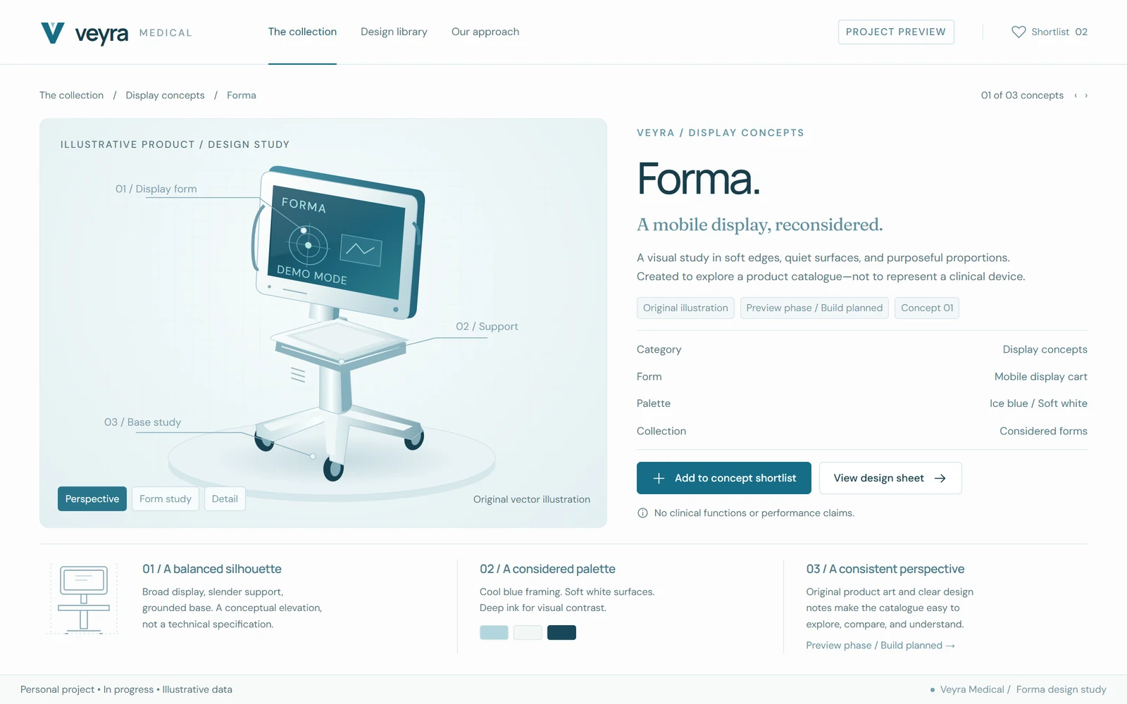 Veyra Medical: Product information layout. Personal project in progress; interface preview with illustrative data.