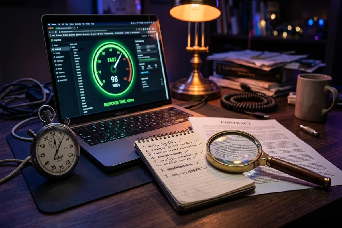Server response speed gauge, checklist and magnifying glass over contract fine print