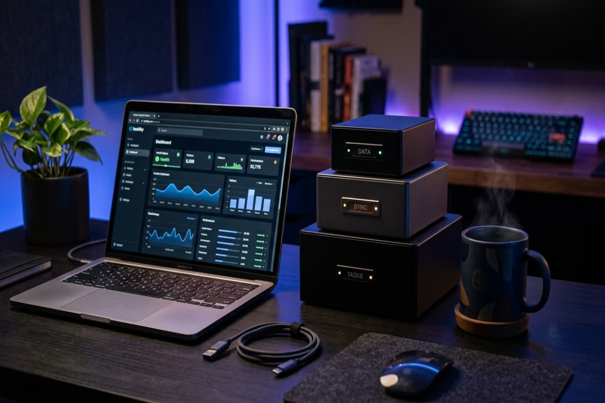 Three hosting tiers arranged by budget beside a laptop showing a healthy website