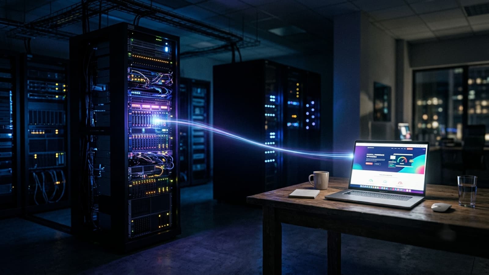 Server rack in a data center connected to a laptop showing a fast-loading business website