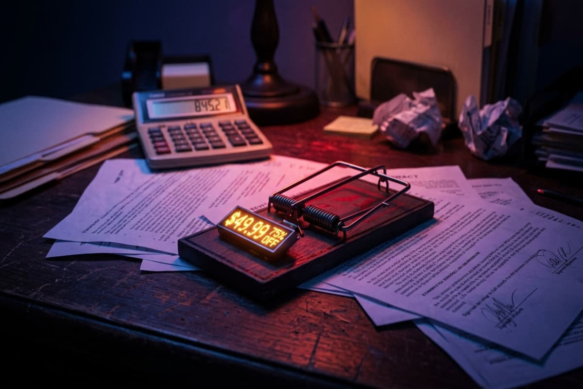 Mousetrap baited with a glowing discount price tag surrounded by fine-print contracts
