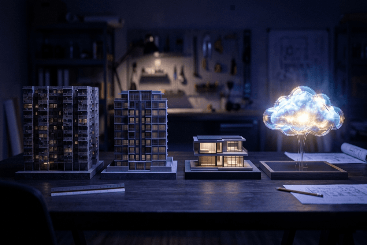 Four hosting tiers visualized as buildings: shared apartment, serviced apartment, private flat and modern cloud structure