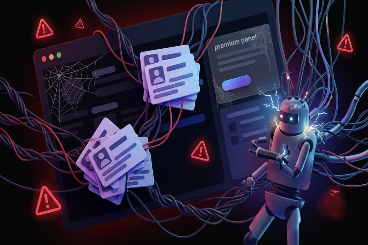 CRM dashboard tangled with duplicate contacts, broken automation wires and warning icons