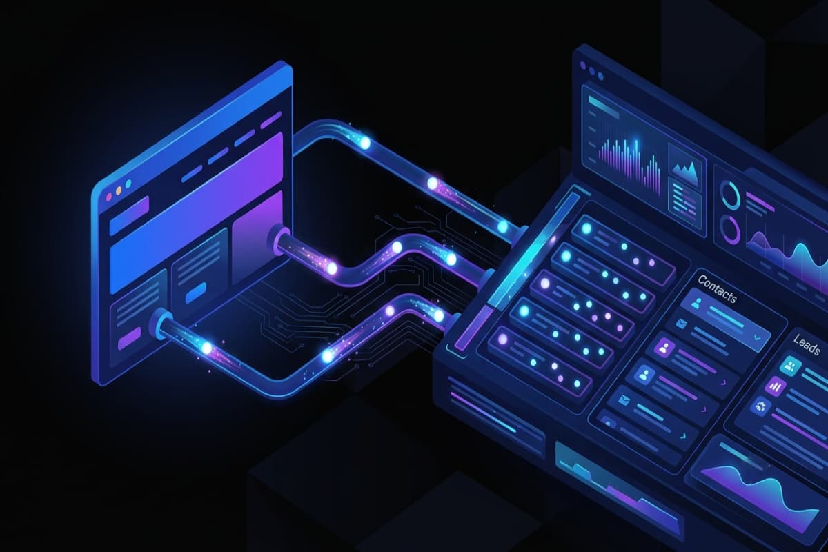 Website form submissions flowing into a HubSpot CRM dashboard through connected data pipes