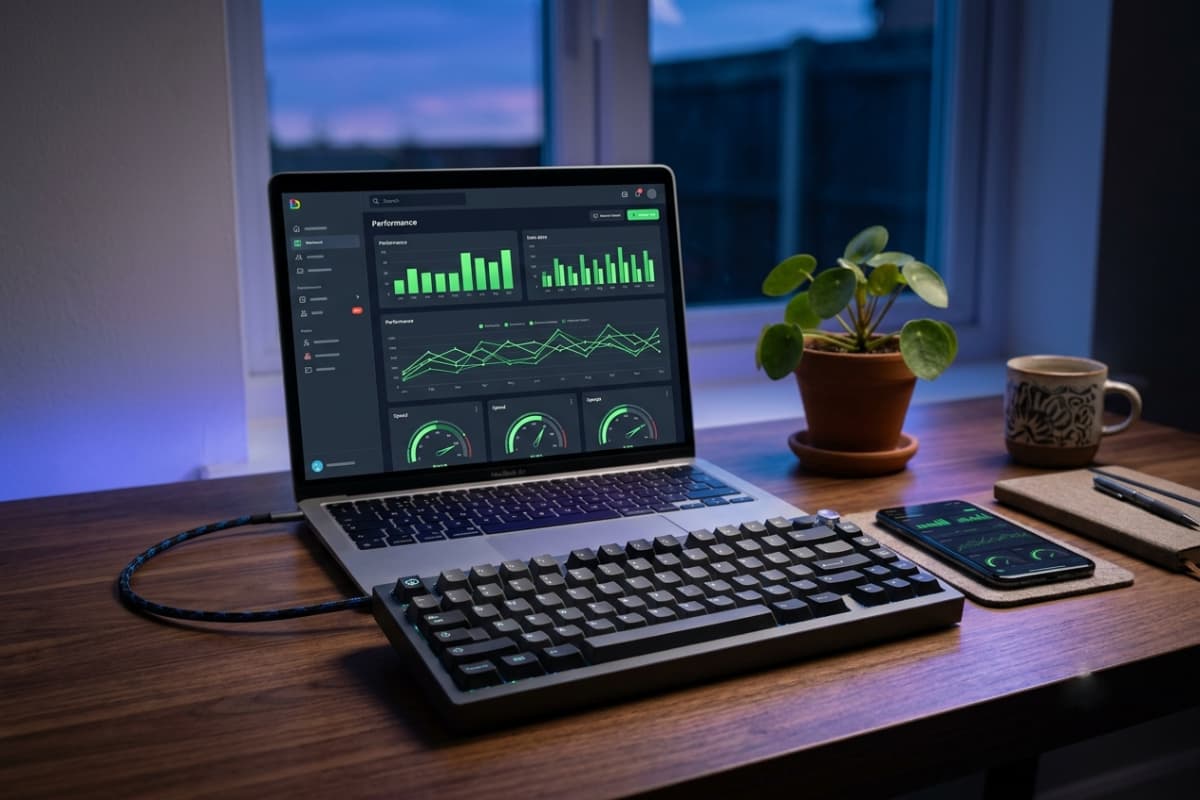 Next.js performance and SEO analytics dashboard on a laptop