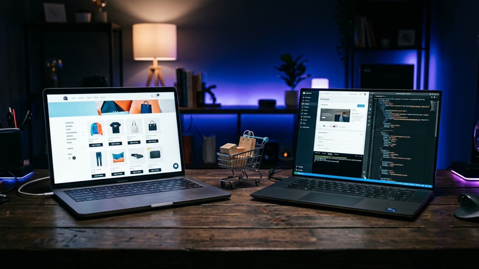Two laptops comparing a hosted Shopify store and a customizable WooCommerce store