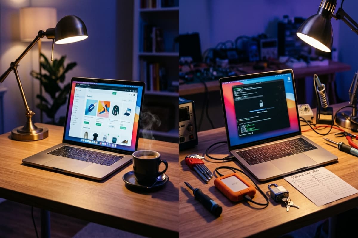 Managed hands-off store beside a self-hosted store with maintenance tools and security tasks