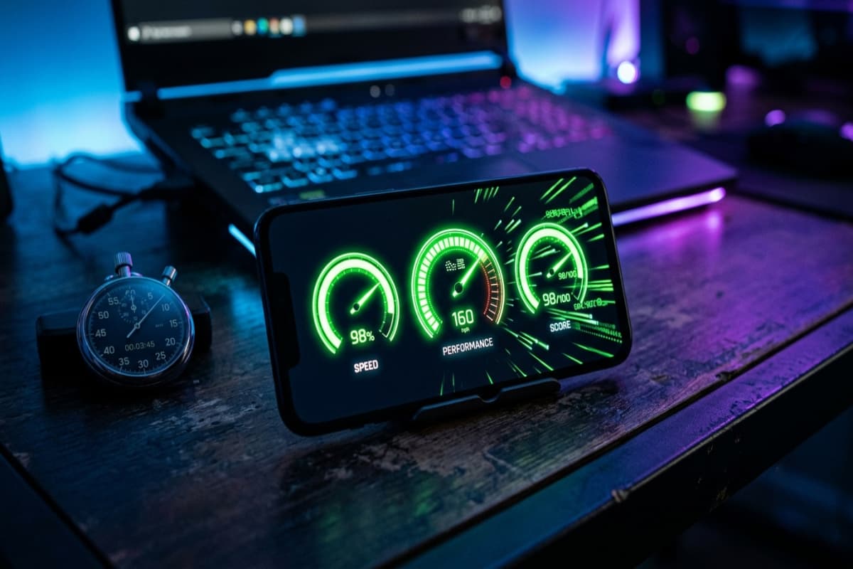 Smartphone showing three green Core Web Vitals performance gauges