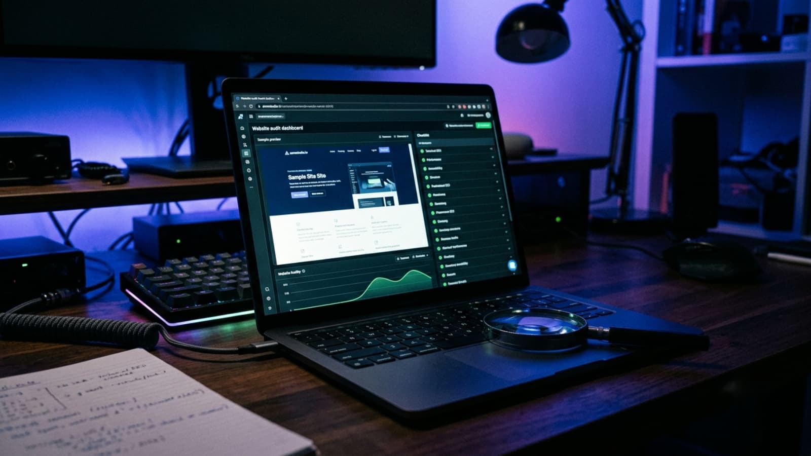 Website technical SEO audit dashboard with checklist items passing green checks
