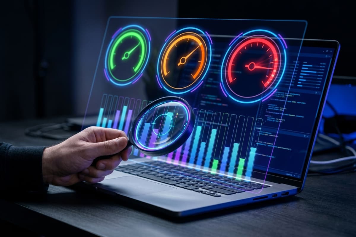 Diagnostic dashboard measuring website speed with Core Web Vitals gauges