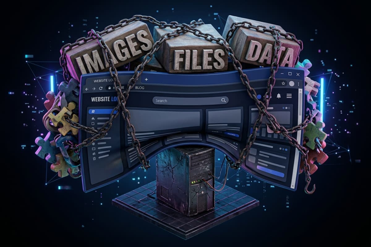 Website browser window weighed down by oversized images, plugins and slow hosting