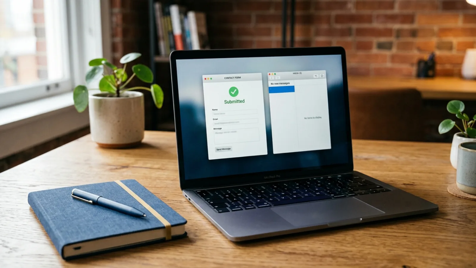 Illustrative laptop showing a submitted contact form beside an empty email inbox