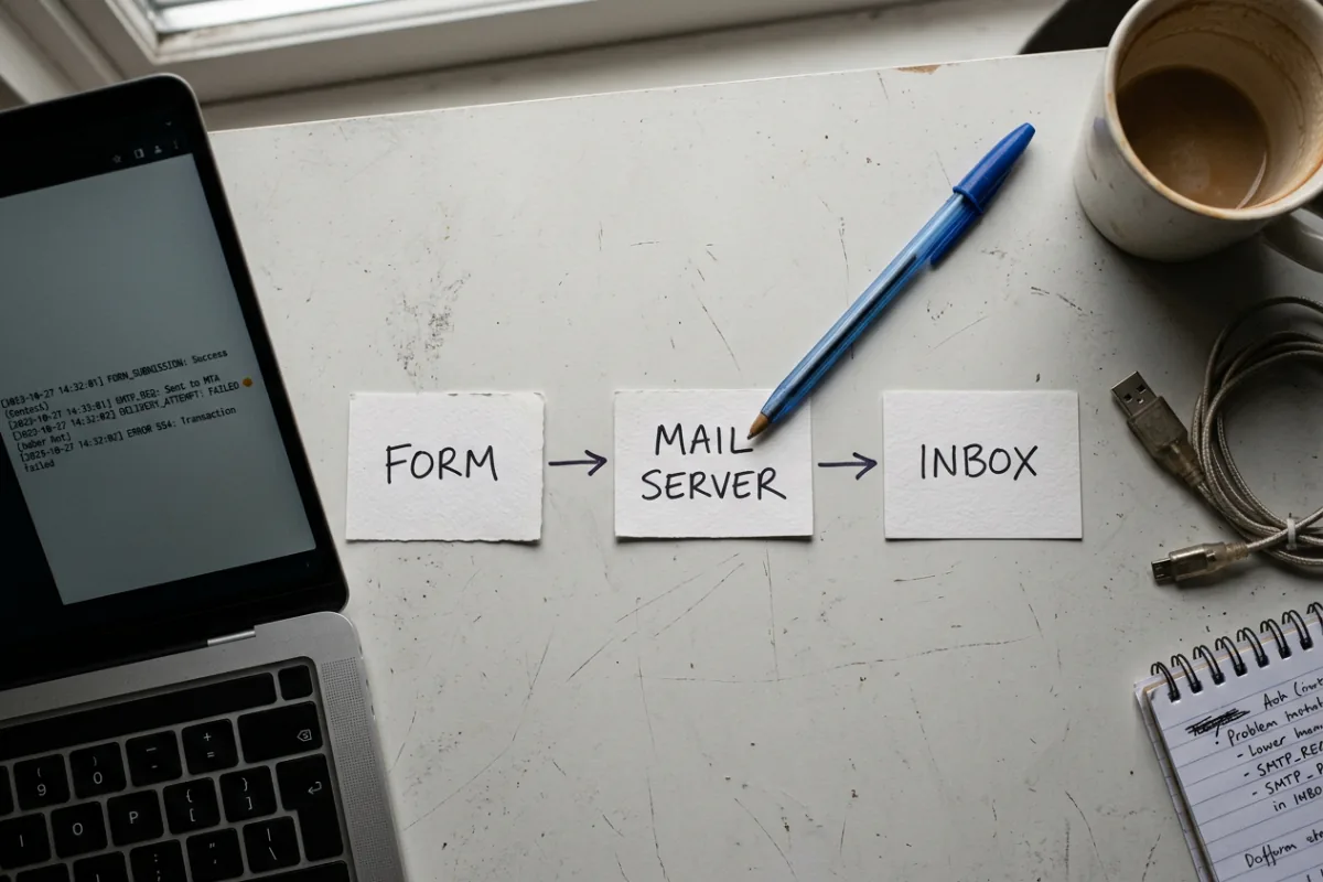 Illustrative desk with a contact form, delivery log and three diagnostic cards
