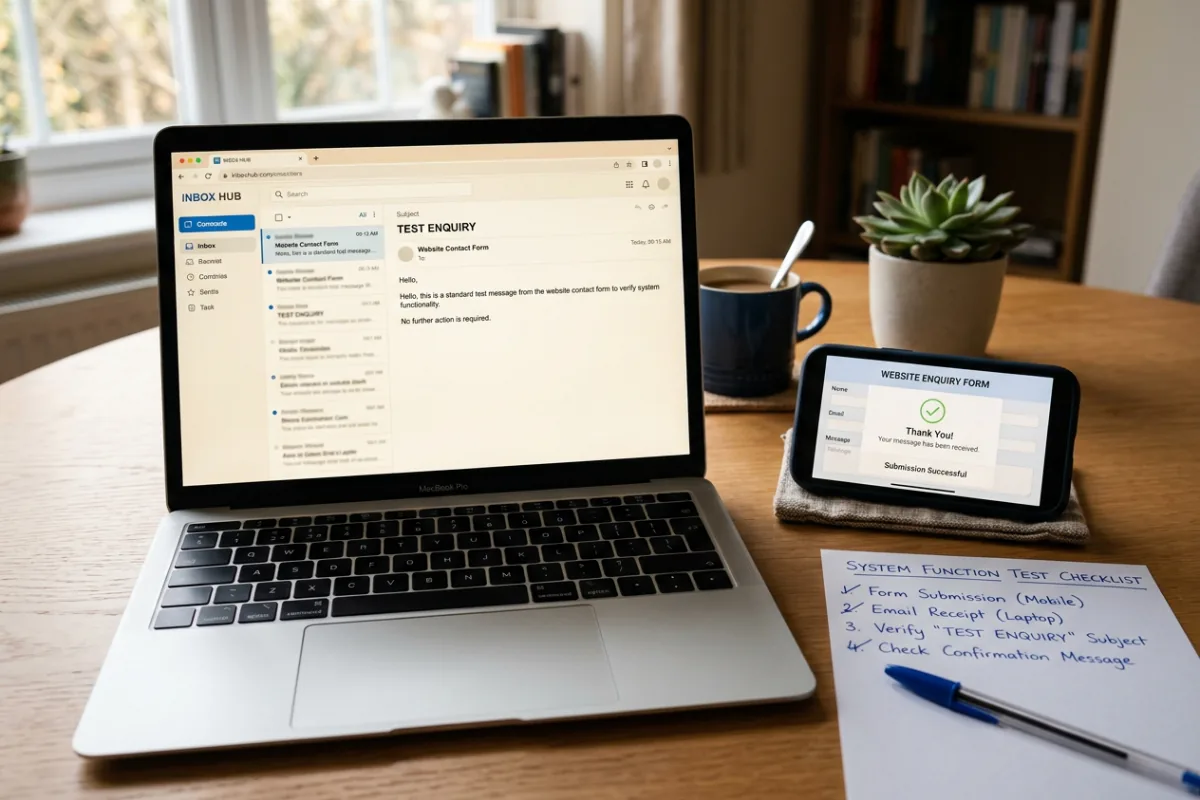 Illustrative laptop inbox with a clearly marked test enquiry beside a phone displaying the contact form