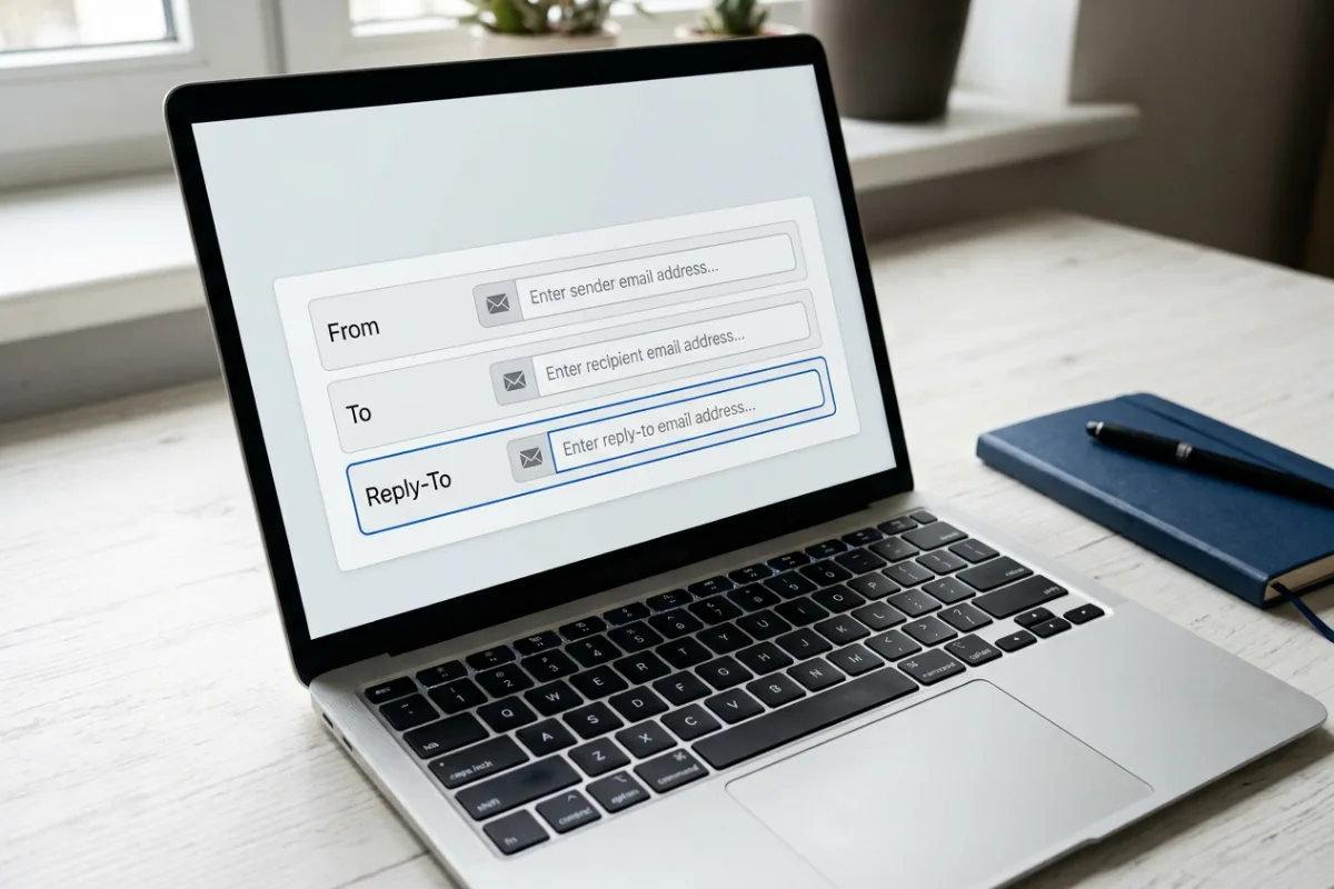 Illustrative email settings panel separating From, To and Reply-To fields